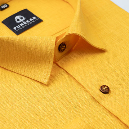 Mustered Yellow Color Linen Formal Shirts For Men - Punekar Cotton