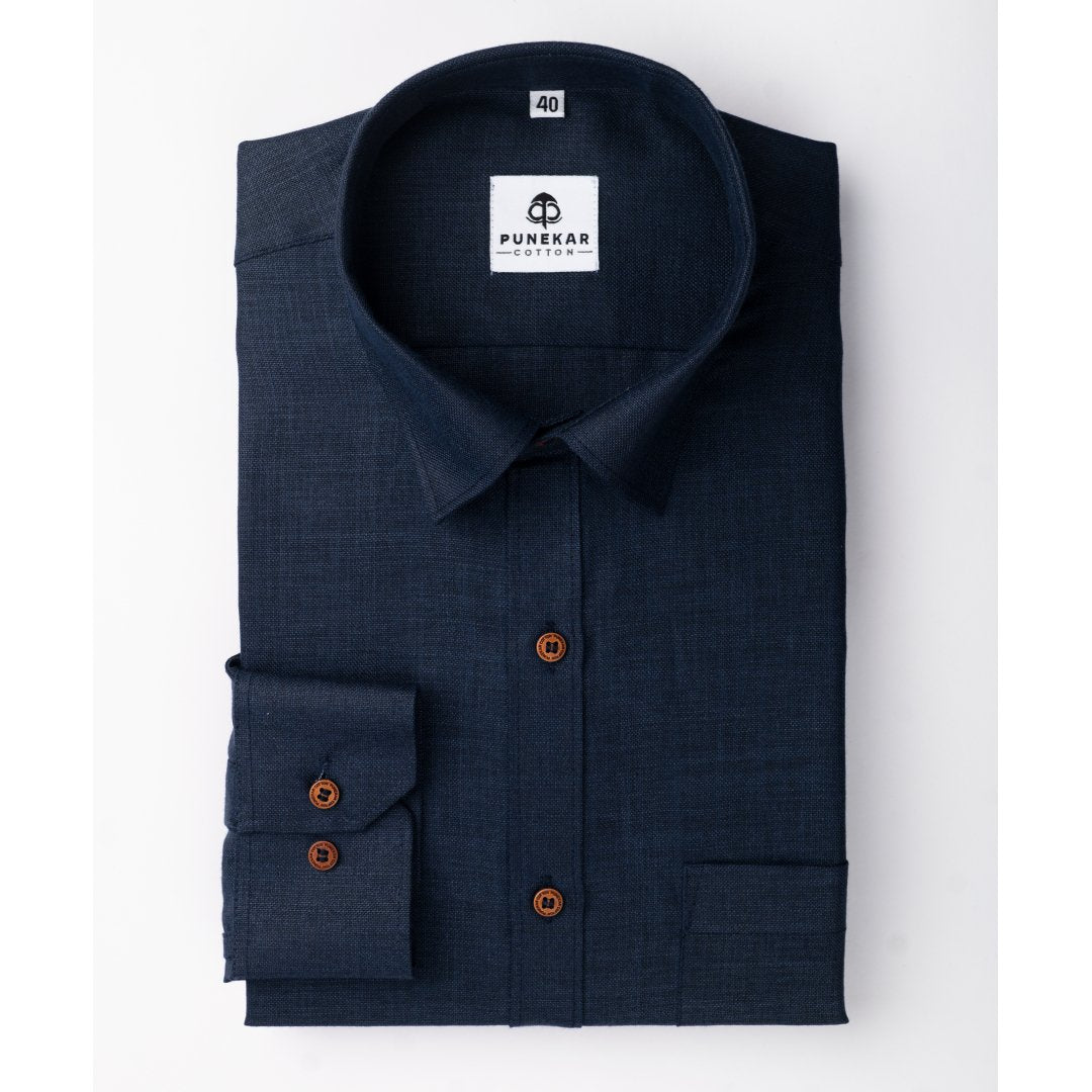 Navy Blue Color Blended Linen Shirt For Men&