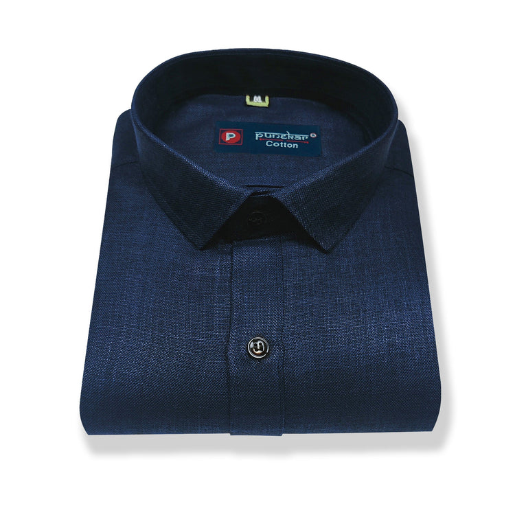 Navy Blue Color Blended Linen Shirt For Men's - Punekar Cotton