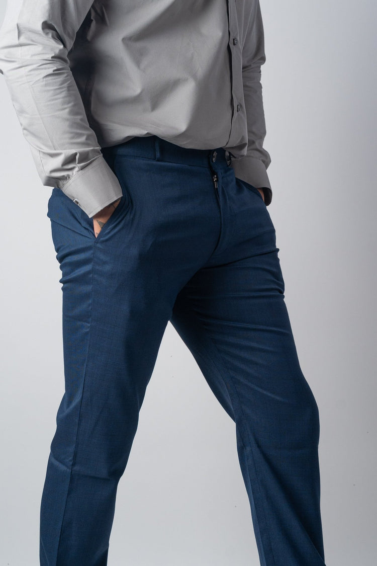 Navy Blue Color Checks Texture Formal Cotton Pant for Men - Punekar Cotton