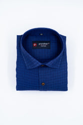 Navy Blue Color Cotton Self Woven Checks Handmade Shirts For Men's - Punekar Cotton