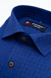 Navy Blue Color Cotton Self Woven Checks Handmade Shirts For Men's - Punekar Cotton
