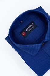 Navy Blue Color Cotton Self Woven Checks Handmade Shirts For Men's - Punekar Cotton