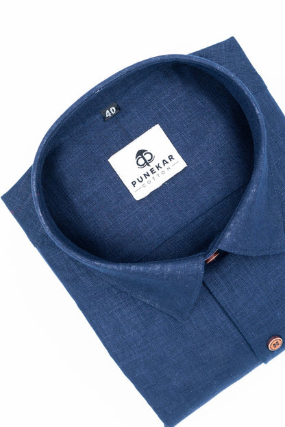 Navy Blue Color Linen Formal Shirts For Men - Punekar Cotton