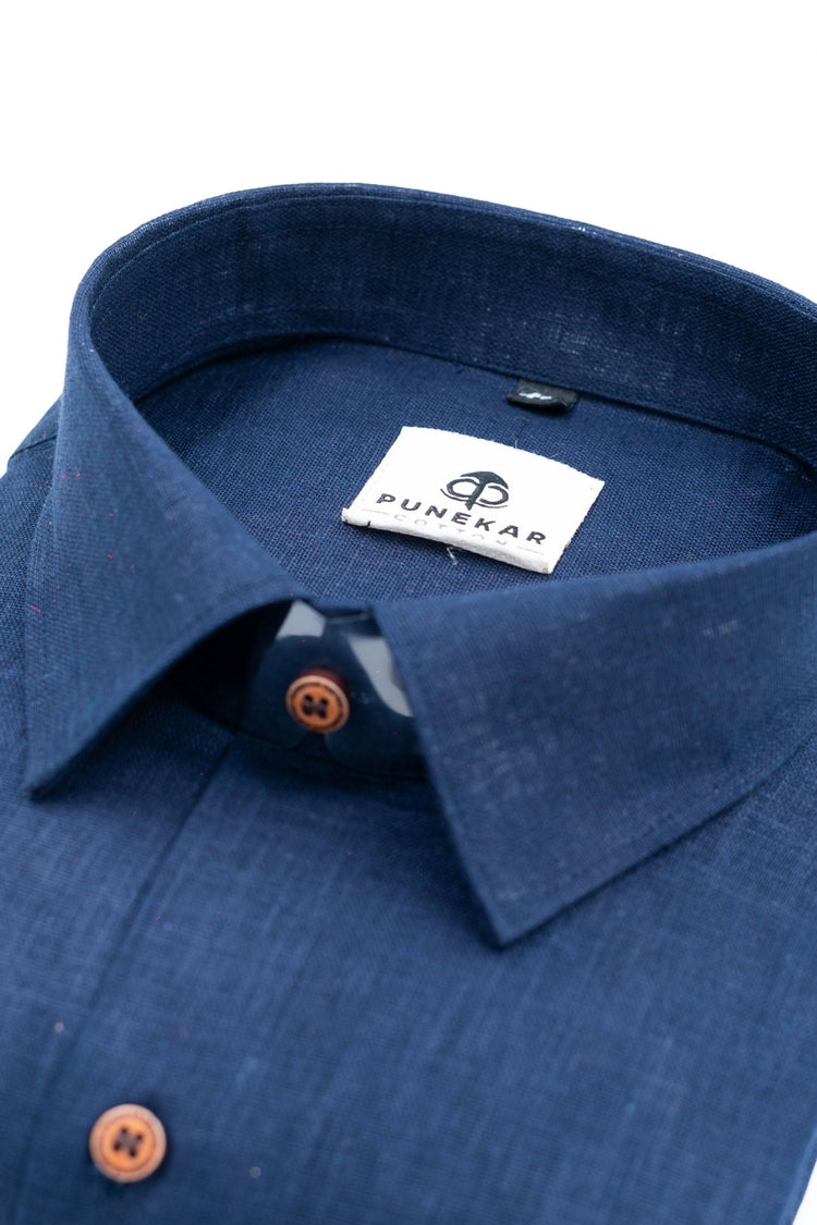 Navy Blue Color Linen Formal Shirts For Men - Punekar Cotton