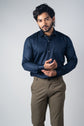 Navy Blue Color Micro Checks Texture Satin Cotton Shirt For Men - Punekar Cotton
