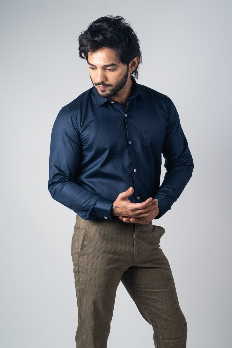 Navy Blue Color Micro Checks Texture Satin Cotton Shirt For Men - Punekar Cotton