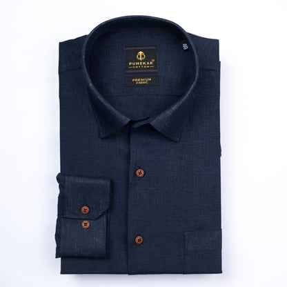 Navy Blue Color Prime Linen Shirt For Men - Punekar Cotton