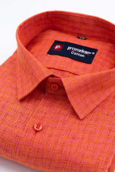Orange Color Cotton Self Woven Checks Handmade Shirts For Men's - Punekar Cotton
