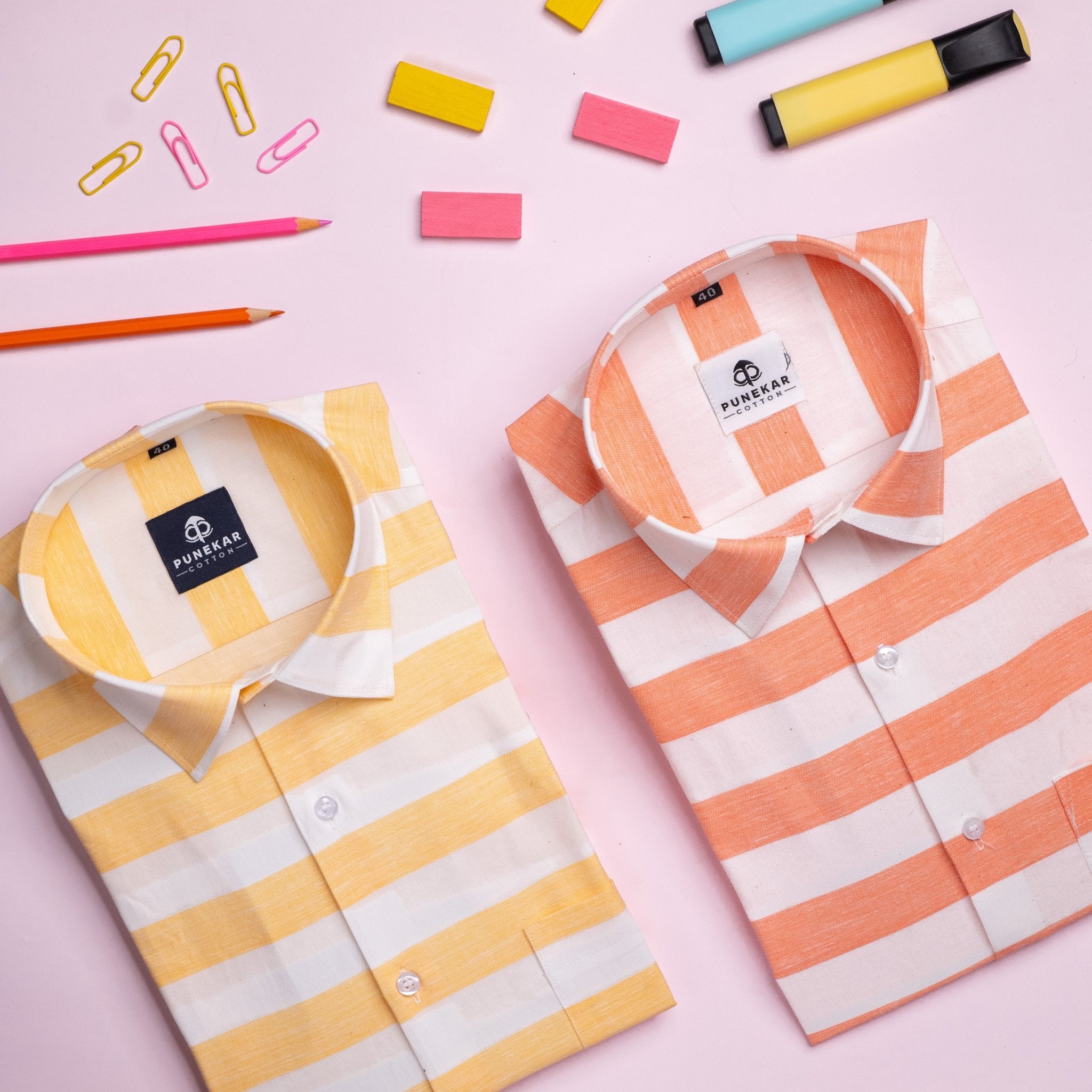 Peach Orange Color Cotton Stripe Shirt For Men - Punekar Cotton