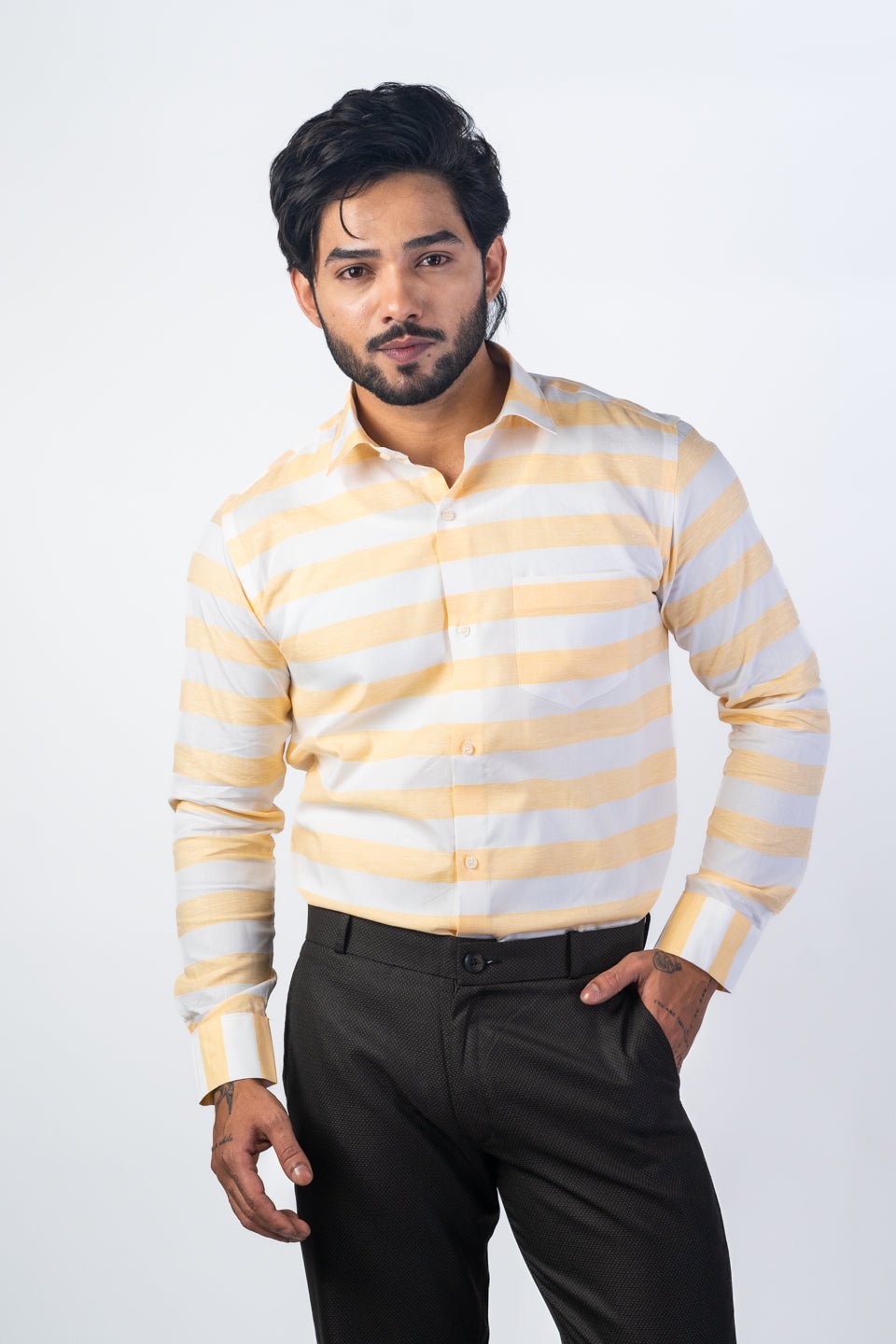 Peach Orange Color Cotton Stripe Shirt For Men - Punekar Cotton