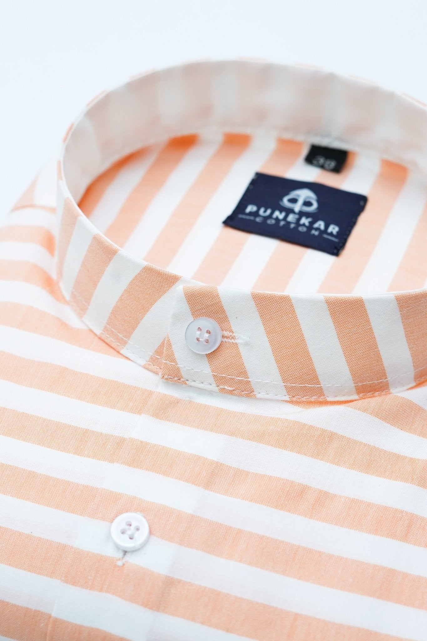 Peach Orange Color Stand Collar Strips Shirts For Men – Punekar Cotton