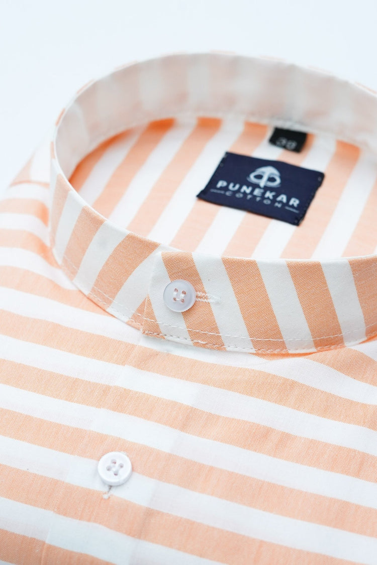 Peach Orange Color Stand Collar Strips Shirts For Men - Punekar Cotton