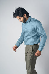 Peacock Blue Color Micro Checks Texture Satin Cotton Shirt For Men - Punekar Cotton