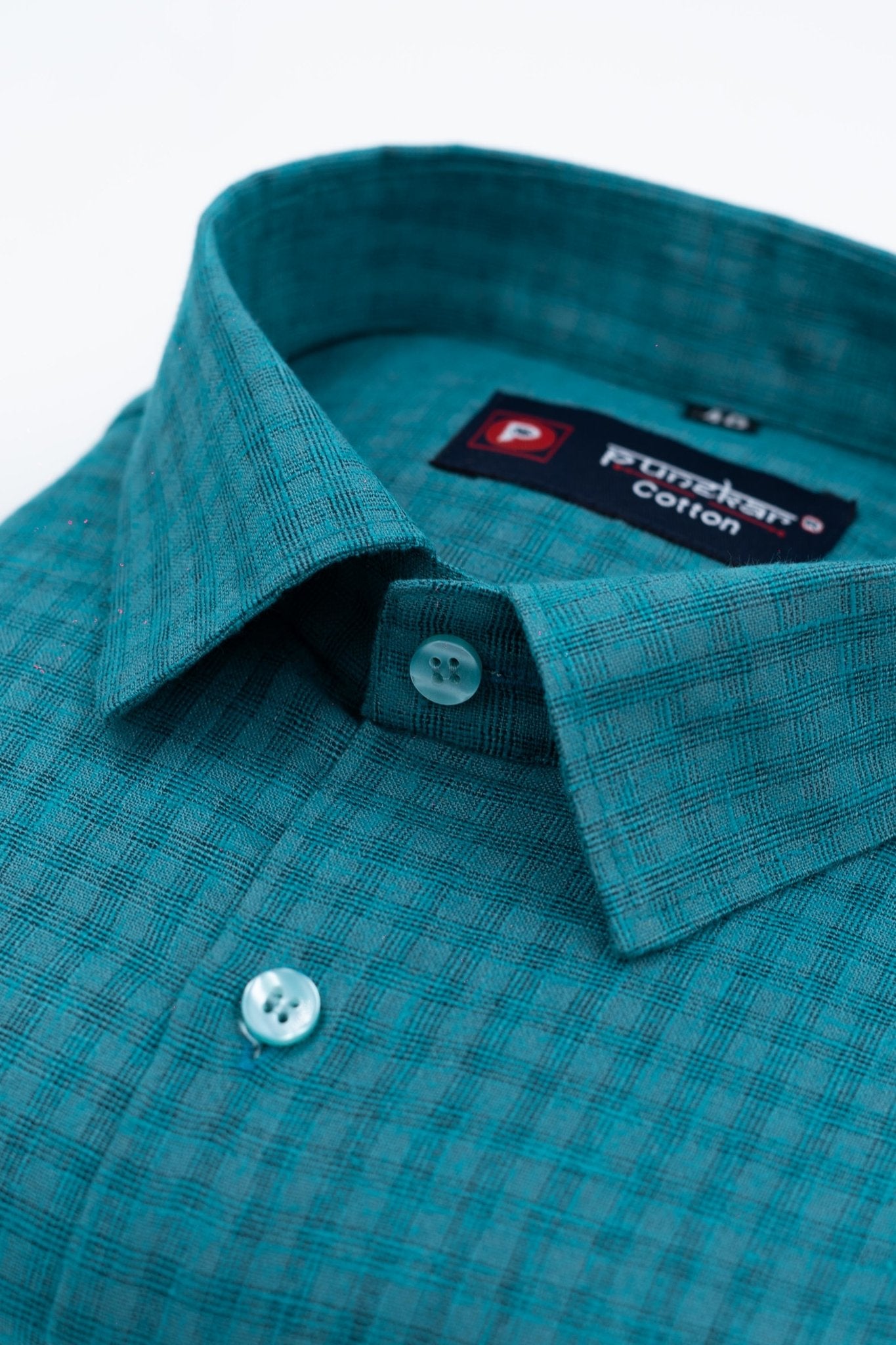 Peacock Color Cotton Self Woven Checks Handmade Shirts For Men's - Punekar Cotton