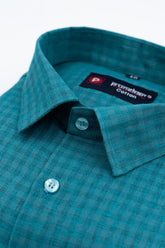 Peacock Color Cotton Self Woven Checks Handmade Shirts For Men's - Punekar Cotton