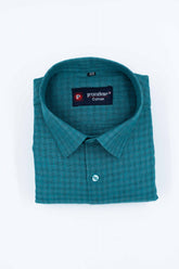 Peacock Color Cotton Self Woven Checks Handmade Shirts For Men's - Punekar Cotton
