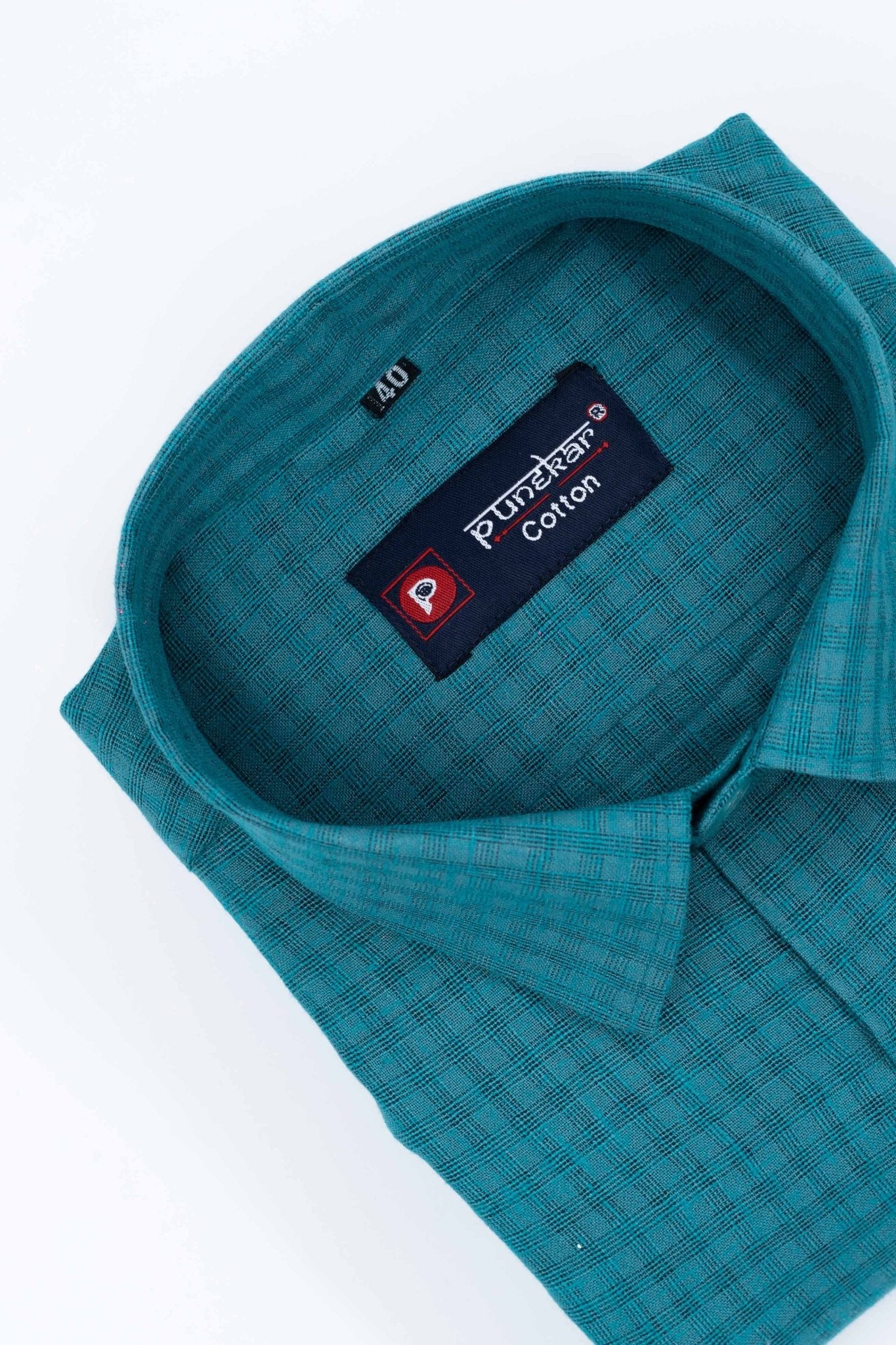 Peacock Color Cotton Self Woven Checks Handmade Shirts For Men's - Punekar Cotton