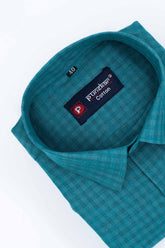 Peacock Color Cotton Self Woven Checks Handmade Shirts For Men's - Punekar Cotton