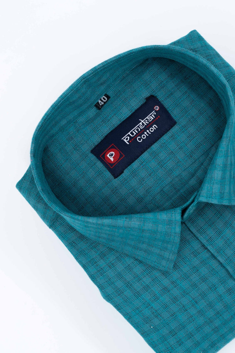 Peacock Color Cotton Self Woven Checks Handmade Shirts For Men's - Punekar Cotton