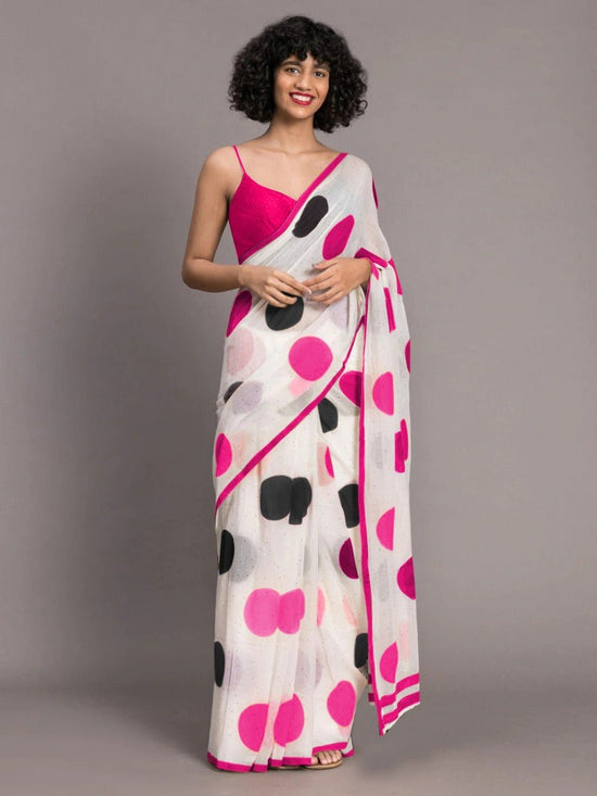 Pink And White Color Chenderi Linen Cotton Sarees - Punekar Cotton