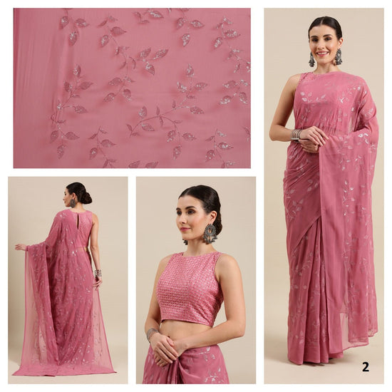 Pink Color Sequence Work georgette Saree. - Punekar Cotton