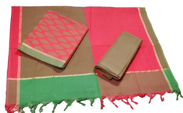 Punekar Cotton 100% Handloom Brown & Pink Color Women Dress Unstitched Fabric - Punekar Cotton