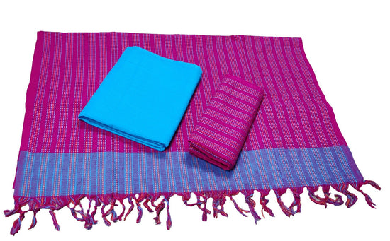Punekar Cotton 100% Handloom Cotton Blue & Pink Color Women Dress Unstitched Fabric - Punekar Cotton