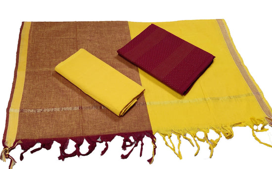 Punekar Cotton 100% Handloom Cotton Brown & Yellow Color Women Dress Unstitched Fabric - Punekar Cotton