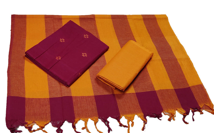 Punekar Cotton 100% Handloom Cotton Brown & Yellow Color Women Dress Unstitched Fabric - Punekar Cotton