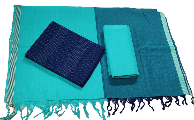 Punekar Cotton 100% Handloom Cotton Navy Blue & Sky Blue Color Women Dress Unstitched Fabric - Punekar Cotton
