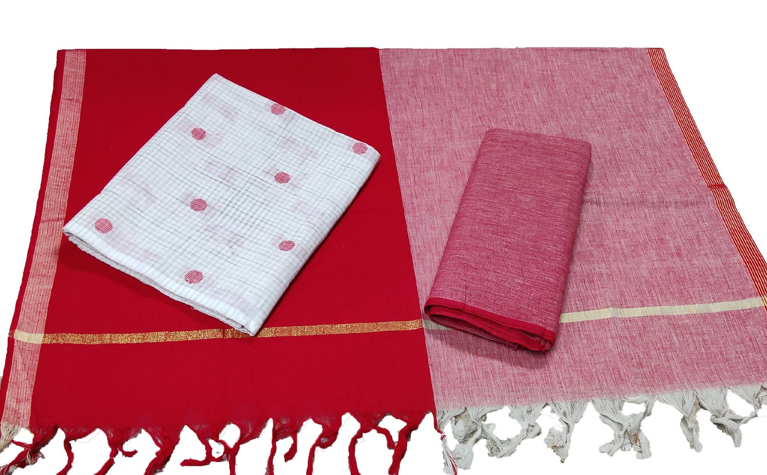 Punekar Cotton 100% Handloom Cotton Red & White Color Women Dress Unstitched Fabric - Punekar Cotton