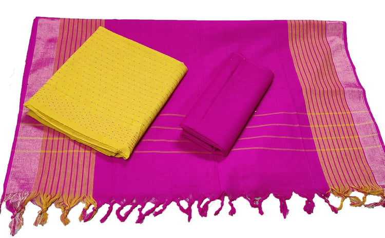 Punekar Cotton 100% Handloom Cotton Yellow & Pink Color Women Dress Unstitched Fabric - Punekar Cotton