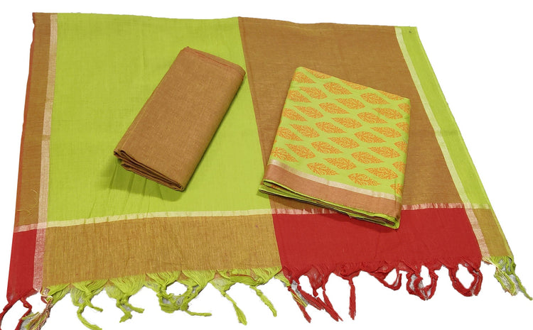 Punekar Cotton 100% Handloom Green & Multi Color Women Dress Unstitched Fabric - Punekar Cotton