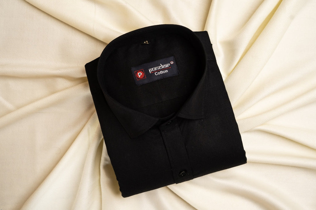 Punekar Cotton Black Color 100% Mercerised Cotton Diagonally Woven Formal Shirt for Men&