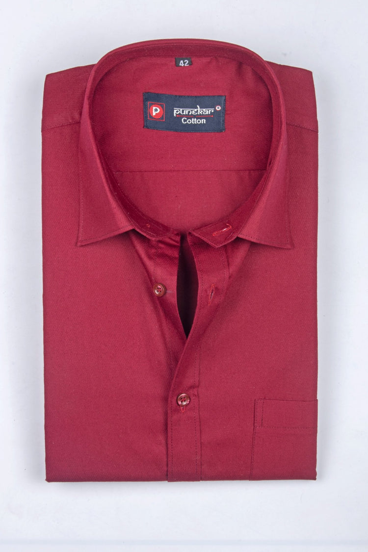 Punekar Cotton Cardinal Red Color 100% Mercerised Cotton Diagonally Woven Formal Shirt for Men's. - Punekar Cotton