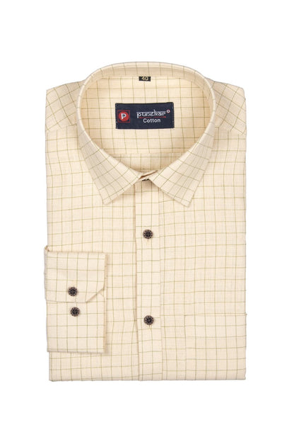 Punekar Cotton Cream Color Check Criss Cross Woven Cotton Shirt for Men&