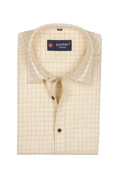 Punekar Cotton Cream Color Check Criss Cross Woven Cotton Shirt for Men&