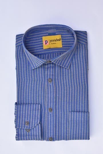 Punekar Cotton Handmade Blue Color Full Sleeves Lining Formal Shirt for Men's. - Punekar Cotton