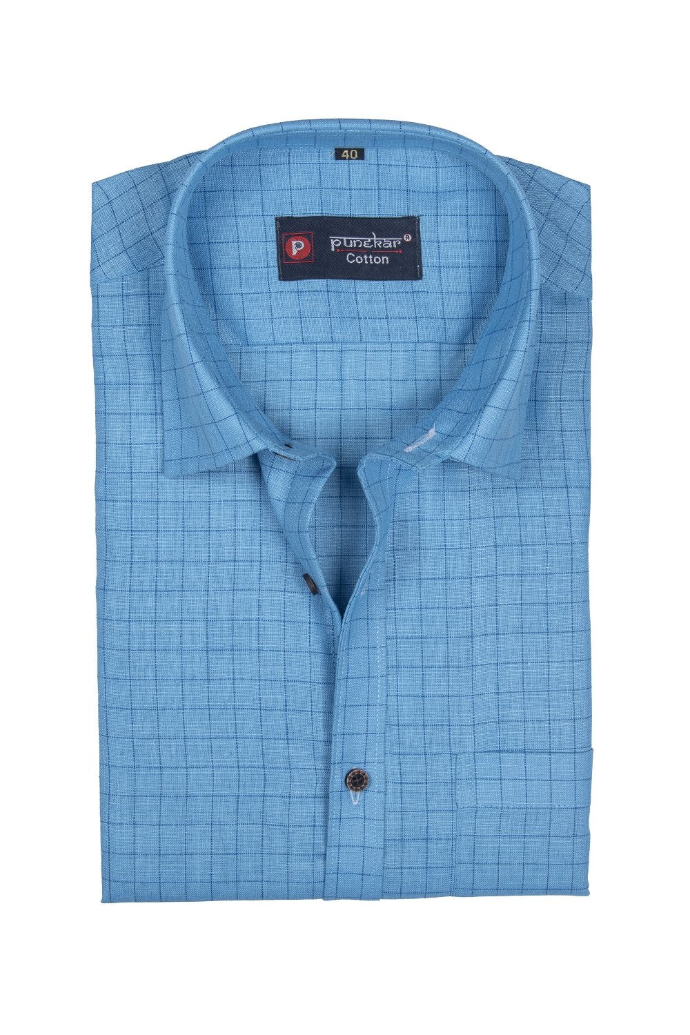 Punekar Cotton Light Blue Color Check Criss Cross Woven Cotton Shirt for Men's. - Punekar Cotton