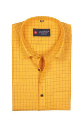 Punekar Cotton Maize Color Check Criss Cross Woven Cotton Shirt for Men's. - Punekar Cotton