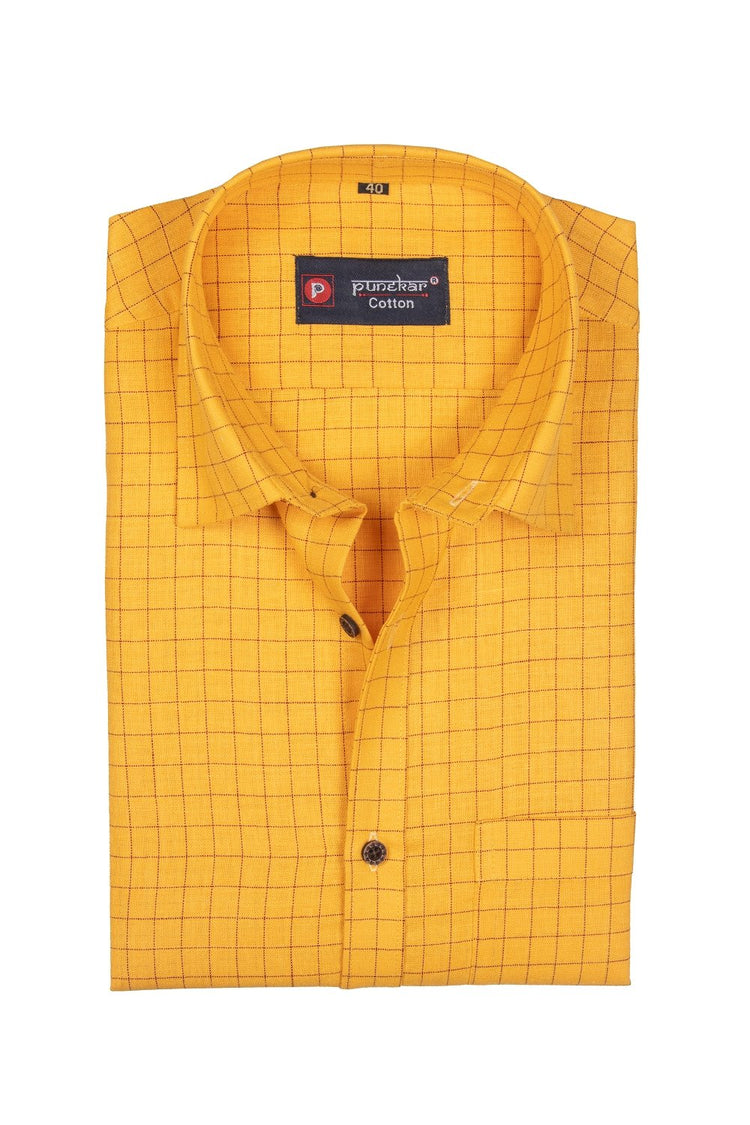 Punekar Cotton Maize Color Check Criss Cross Woven Cotton Shirt for Men's. - Punekar Cotton