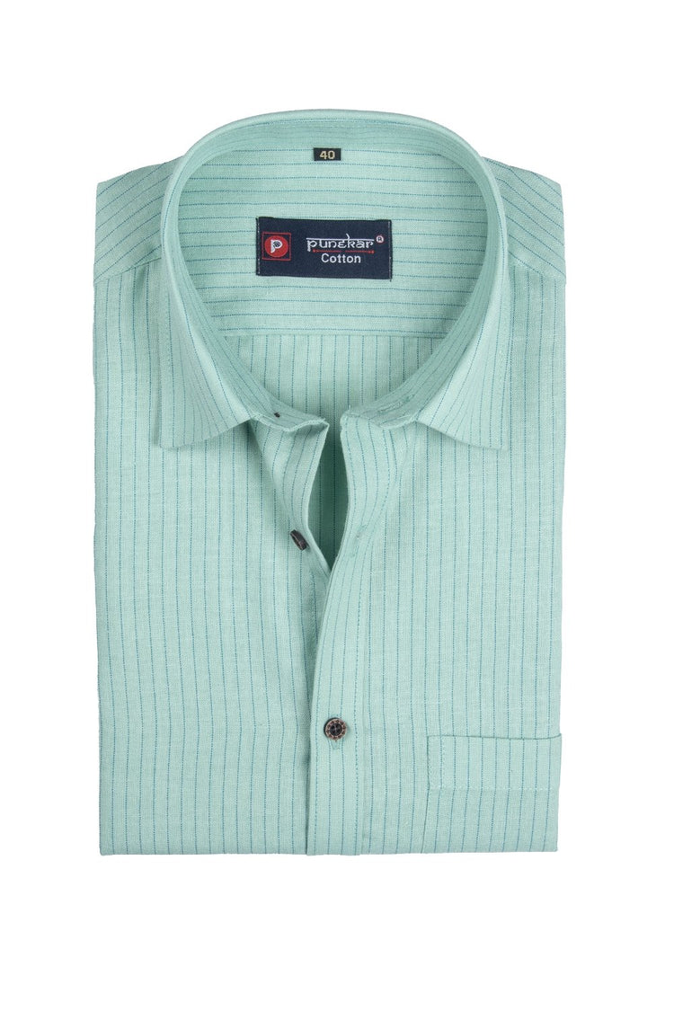 Punekar Cotton Mint Color Linning Criss Cross Woven Cotton Shirt for Men's. - Punekar Cotton