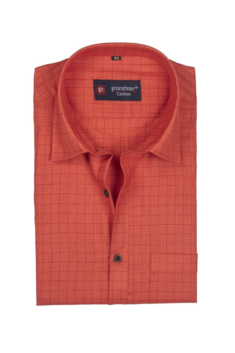 Punekar Cotton Orange Color Check Criss Cross Woven Cotton Shirt for Men's. - Punekar Cotton