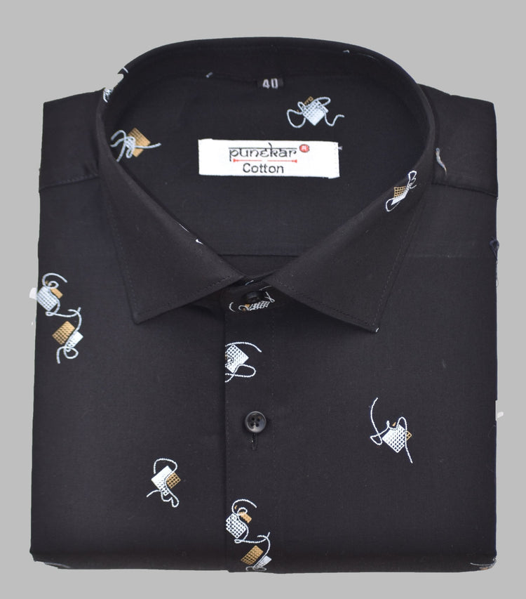 Punekar Cotton Printed Black Color Pure Cotton Handmade Shirt For Men's. - Punekar Cotton