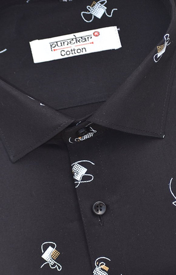 Punekar Cotton Printed Black Color Pure Cotton Handmade Shirt For Men's. - Punekar Cotton