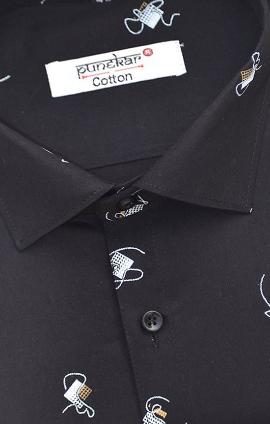 Punekar Cotton Printed Black Color Pure Cotton Handmade Shirt For Men's. - Punekar Cotton