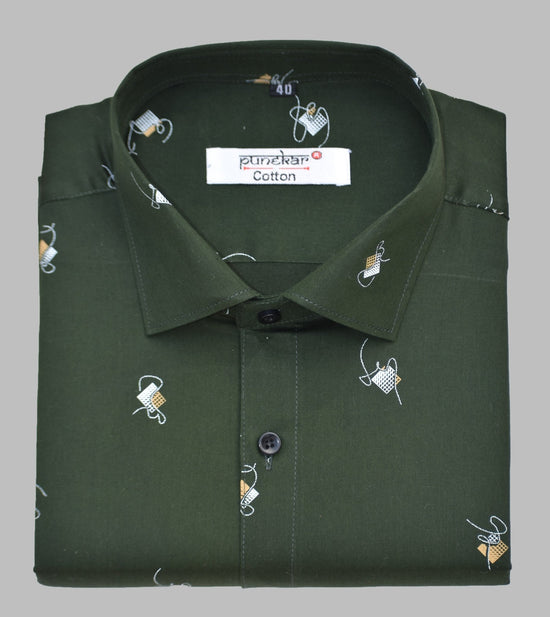 Punekar Cotton Printed Dark Mehandi Color Pure Cotton Handmade Shirt For Men's. - Punekar Cotton