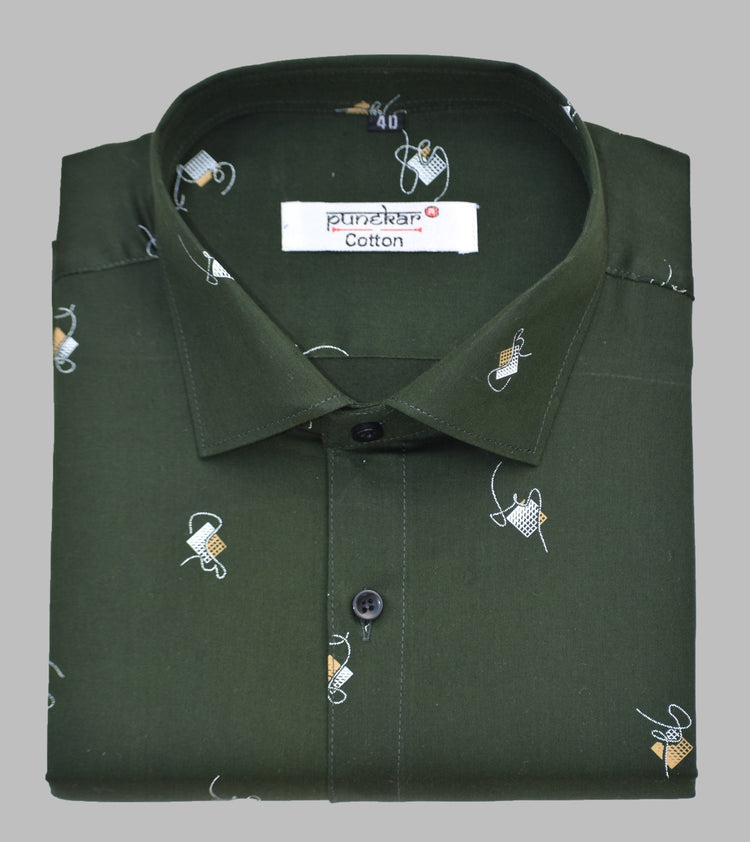 Punekar Cotton Printed Dark Mehandi Color Pure Cotton Handmade Shirt For Men's. - Punekar Cotton
