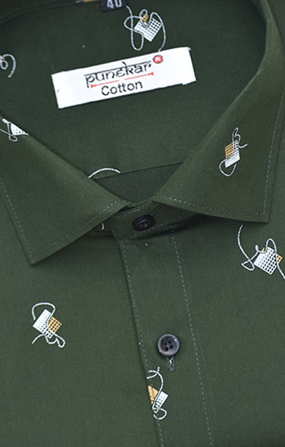 Punekar Cotton Printed Dark Mehandi Color Pure Cotton Handmade Shirt For Men's. - Punekar Cotton